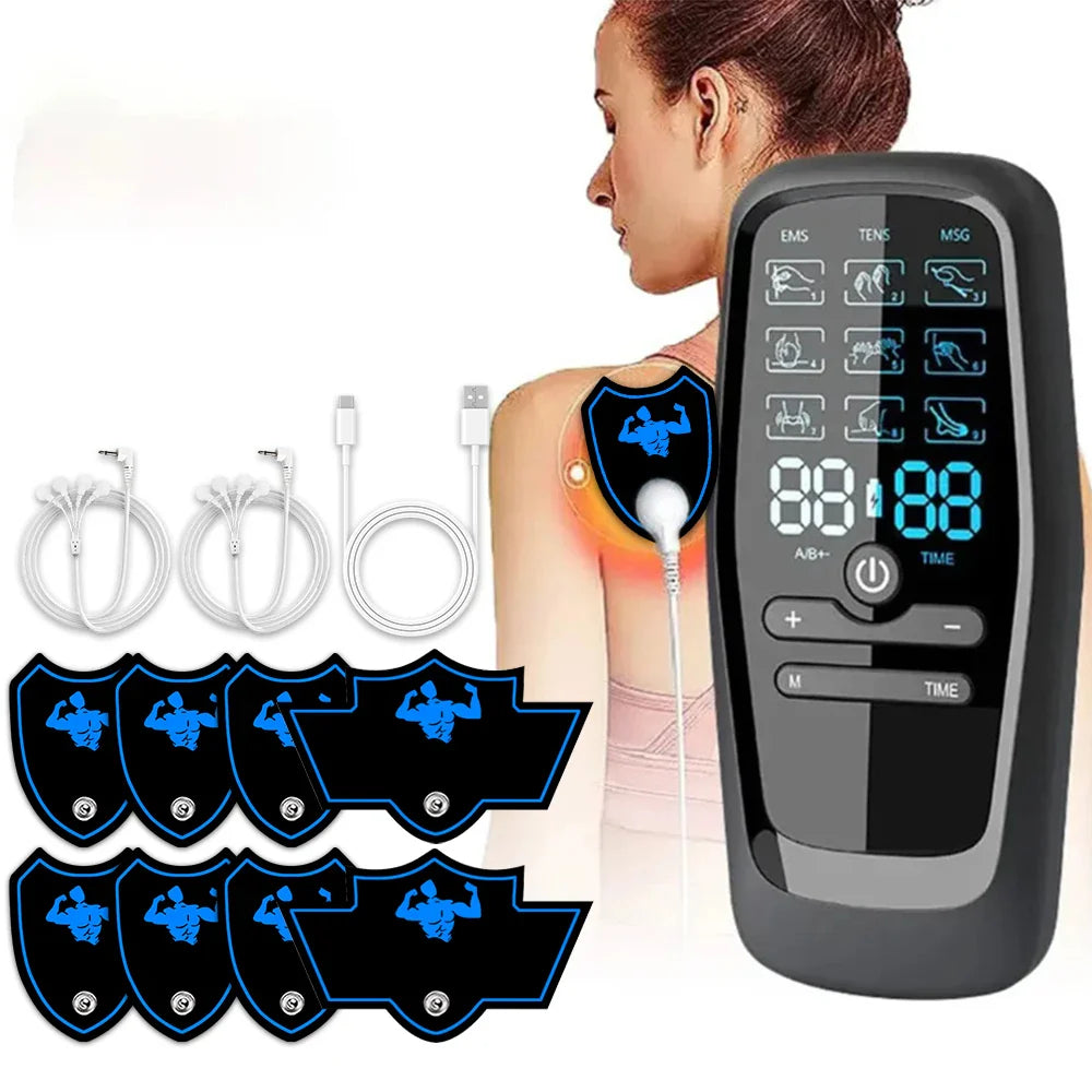 Dual Channel Electric Back Massager with 8 Reusable Pads and Digital Display