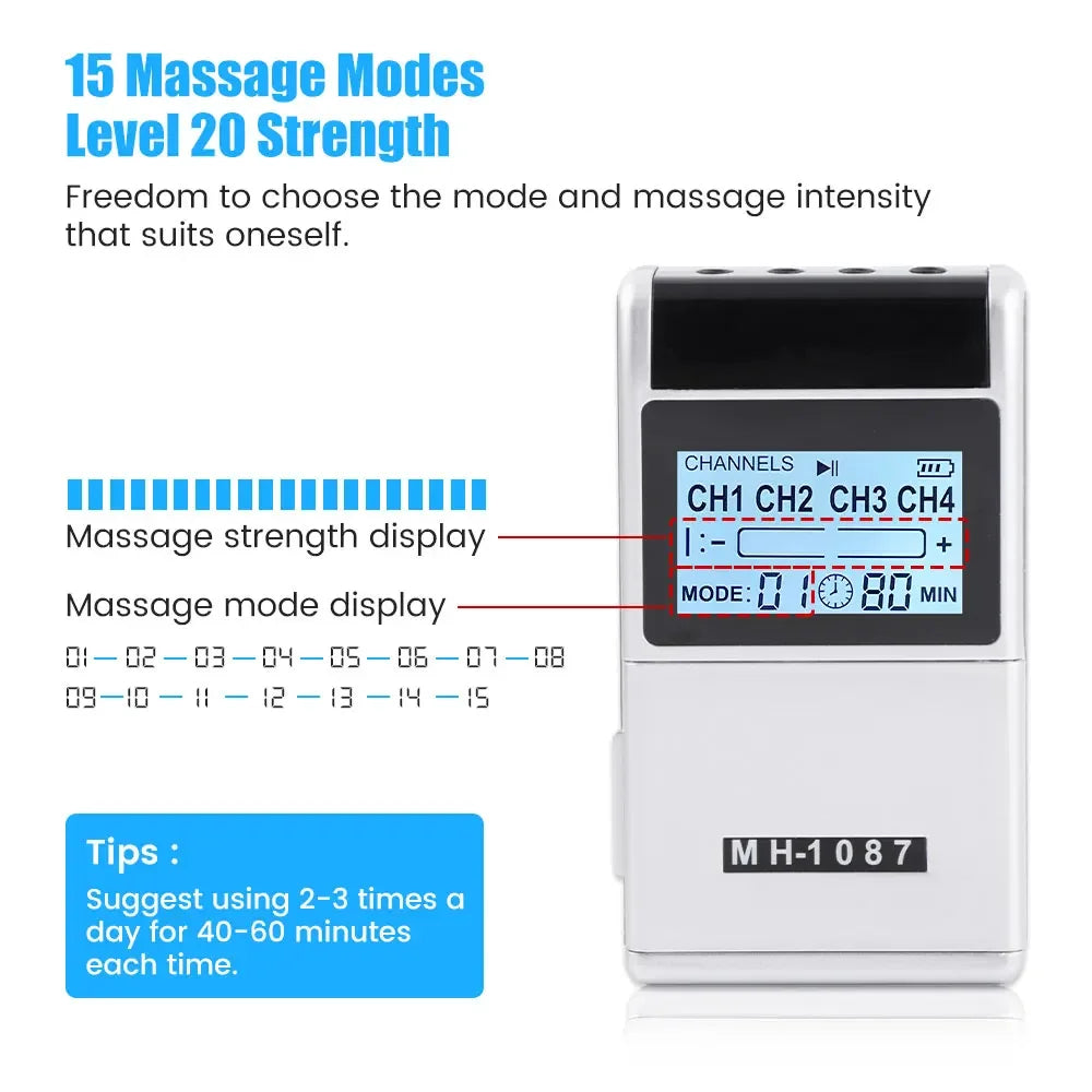 15 Modes EMS Muscle Stimulator Massager with 4 Output Channels