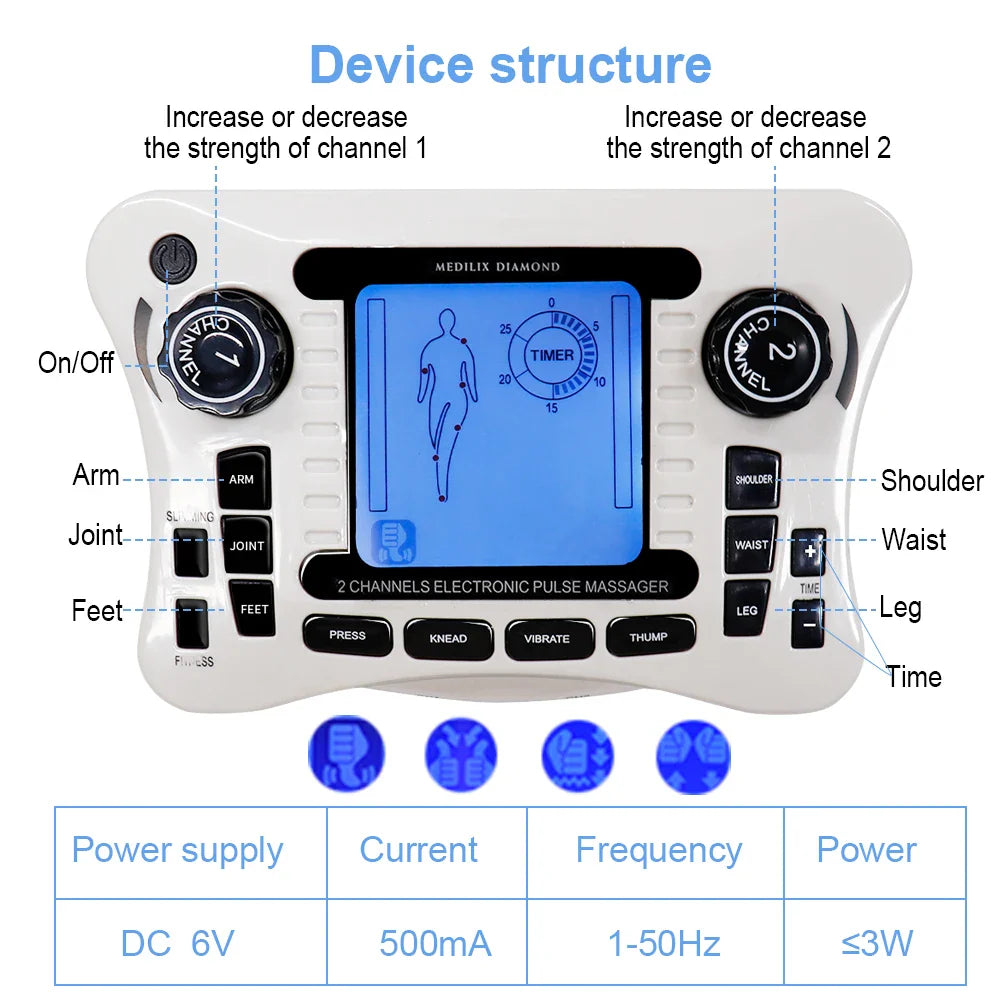 EMS Nerve Muscle Stimulator TENS Massager with Knead, Press, Vibrate