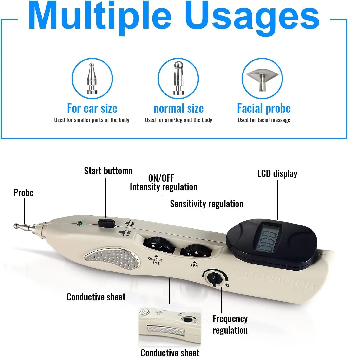 Rechargeable Electronic Acupuncture Pen with 3 Massage Heads, Meridian Finder
