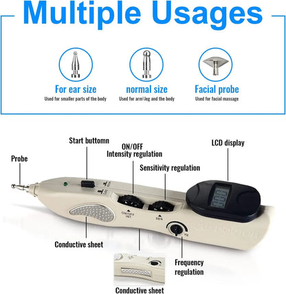 Rechargeable Electronic Acupuncture Pen with 3 Massage Heads, Meridian Finder