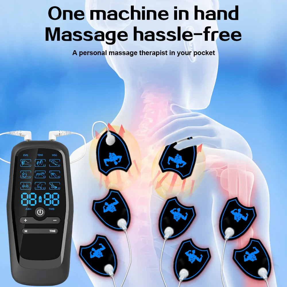 Dual Channel Electric Back Massager with 8 Reusable Pads and Digital Display