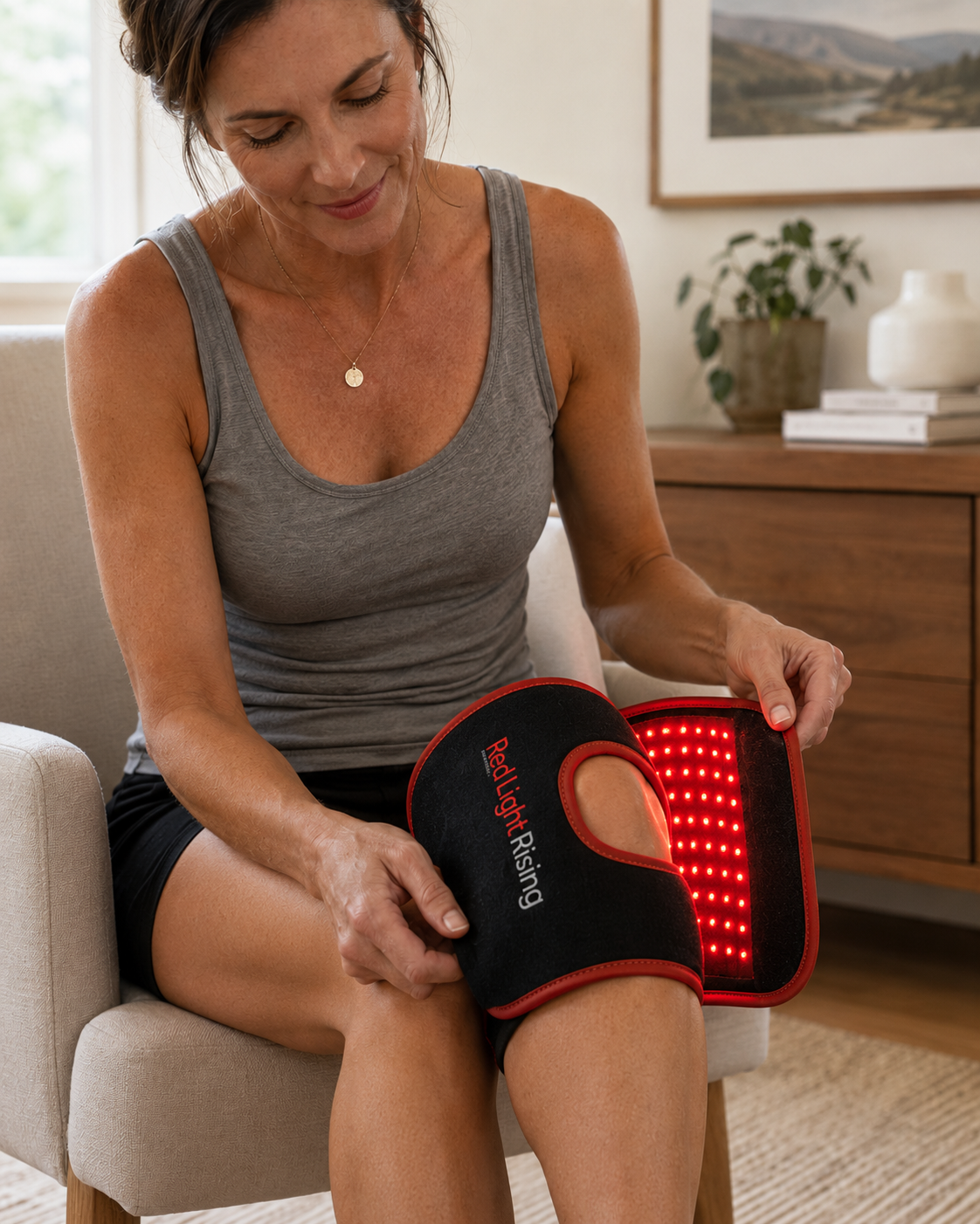 Woman using the Red Light Rising Advantage red light therapy wrap on her knee at home