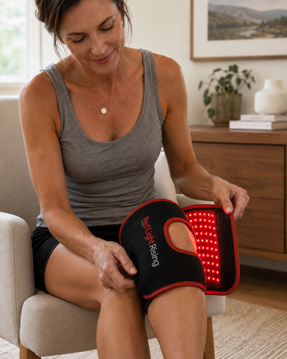 Woman using the Red Light Rising Advantage red light therapy wrap on her knee at home