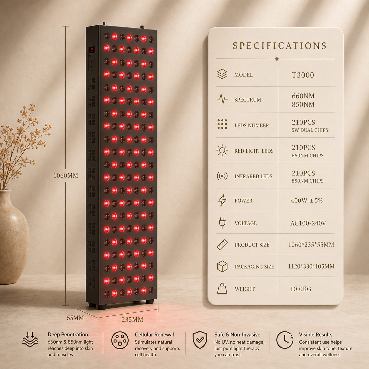 Red Light Therapy Panel – 660nm & 850nm Infrared LED Light for Skin Rejuvenation, Pain Relief & Full-Body Recovery Norya, Professional Red Light Therapy — At Home. Reduce Wrinkles, Relieve Pain & Restore Your Skin in Minutes a Day.
